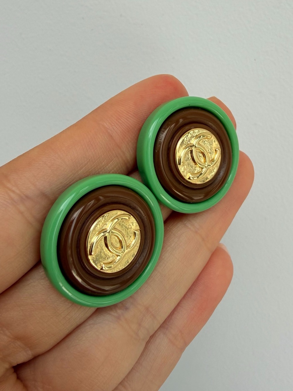 CHANEL Green Button Earrings with Gold Accents